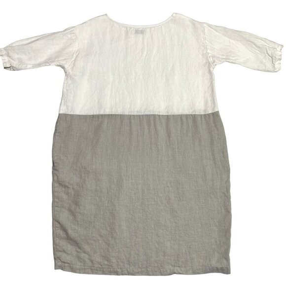 Magic Linen Women's Adria Color Block Linen 3/4 Sleeve Dress Size M White Gray - Picture 4 of 9